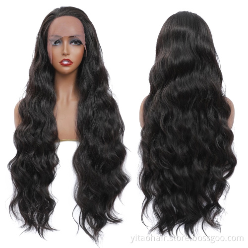 Natural black  Lace Wig L Part Heat Resist Fiber Soft Long body Wave Hair Wig For Black Women Synthetic Lace Front Wigs